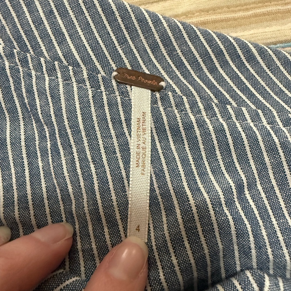 Free People Get Down Blue Pinstripe One-Shoulder Tie Waist Top - Picture 2 of 5